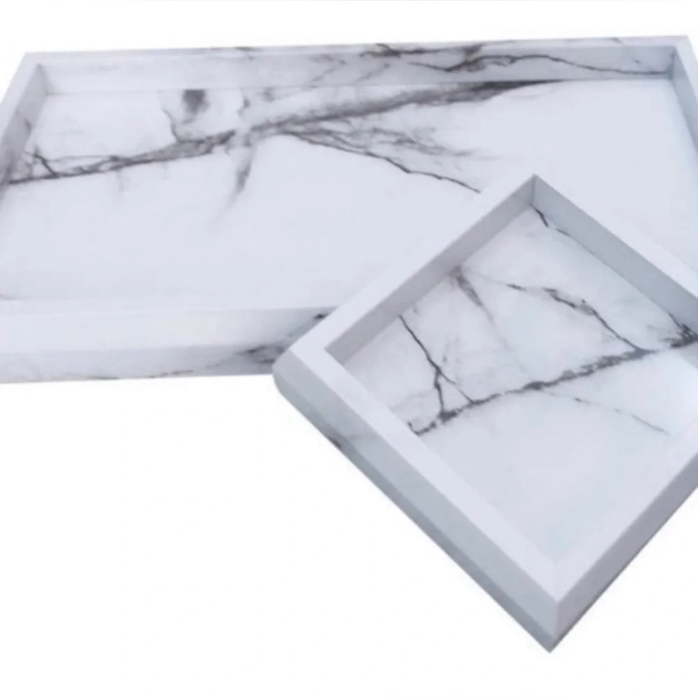 White Faux Marble Print Vanity Tray Set of 2